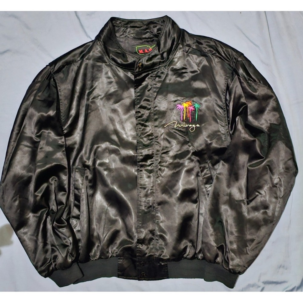 Vintage Mirage Black Satin Embroidered Maps Las‎ Vegas Jacket Size XL USA Made